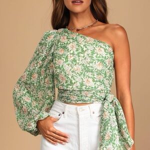 Lulus Grow Toward Love Green Floral Print Pleated One-Shoulder Top